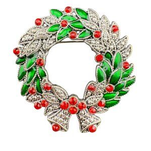 Vintage Christmas Wreath Brooch Pin With Red Rhinestones Green Enamel Bow KC Sig